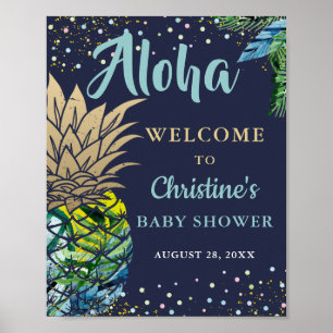 Poster Baby shower bleu marine de la plage d'ananas tropi