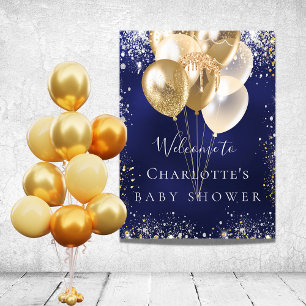 Poster Baby shower bleu marine or ballons bienvenue