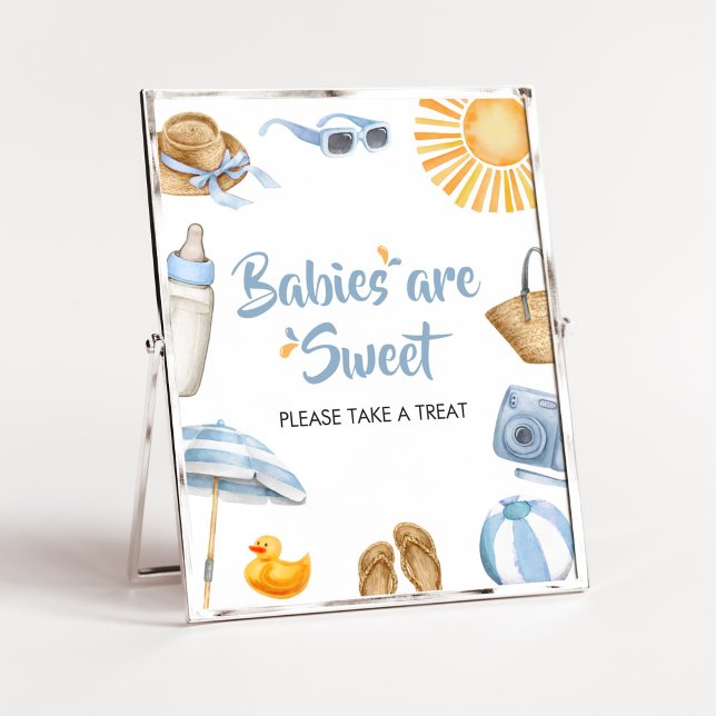 Poster Baby shower Bleu Splish Splash Les bébés sont doux (Boy Summer Beach Baby Shower Babies are Sweet Sign)