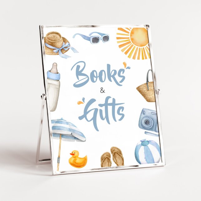 Poster Baby shower Bleu Splish Splash Livres et cadeaux (Boy Summer Beach Baby Shower Books and Gifts Sign )