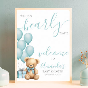 Poster Baby shower bleu Teddy Bear Balloon Bienvenue