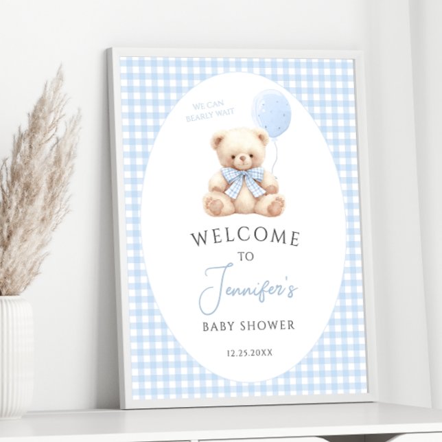 Poster Baby shower Bleu Teddy Bear Boulon Bow Bienvenue (Créateur téléchargé)