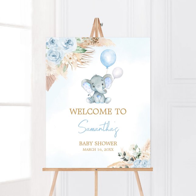 Poster Baby shower Blue Balloon Elephant Bienvenue (Blue Floral Pampas Grass Elephant Baby Shower Welcome Sign)