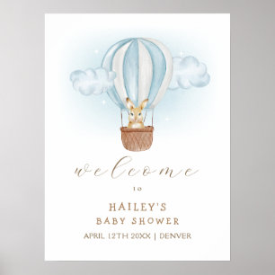 Poster Baby shower Blue Bunny Air Balloon Bienvenue