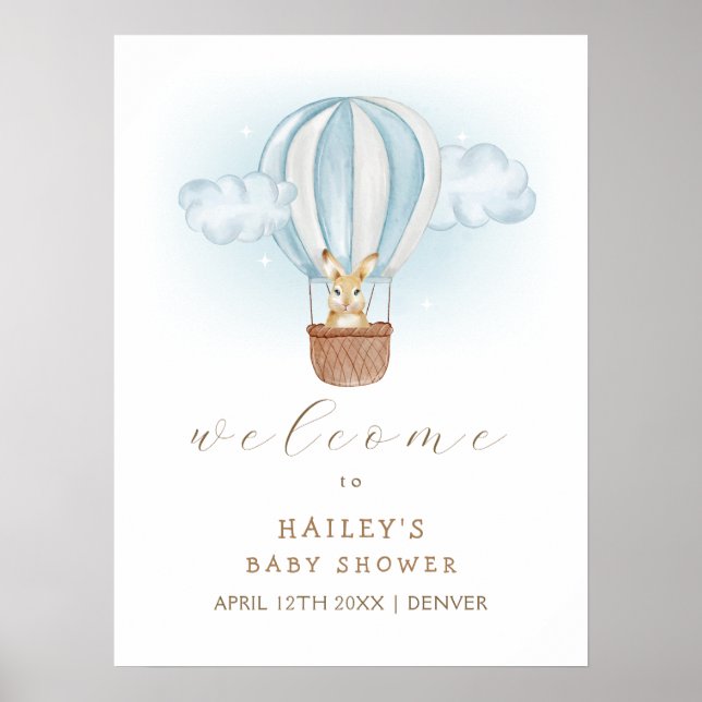 Poster Baby shower Blue Bunny Air Balloon Bienvenue (Devant)