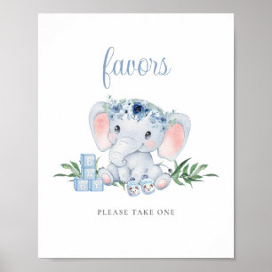Poster Baby shower Blue Cute Elephant Boy Faveurs Signer