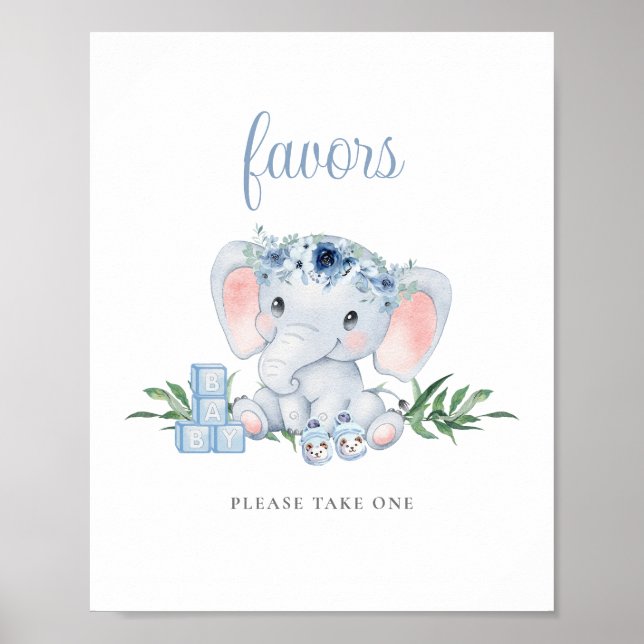 Poster Baby shower Blue Cute Elephant Boy Faveurs Signer (Devant)