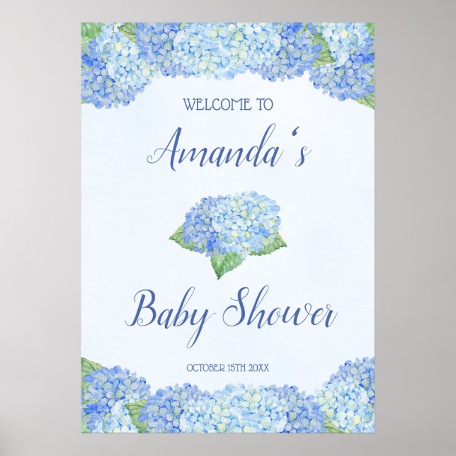 Poster Baby shower Blue Hydrangea Personnalisé (Devant)