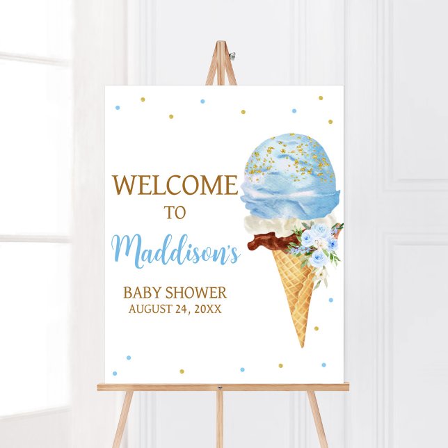 Poster Baby shower Blue Ice Cream Bienvenue (Here's the Scoop Baby Shower Welcome Sign)