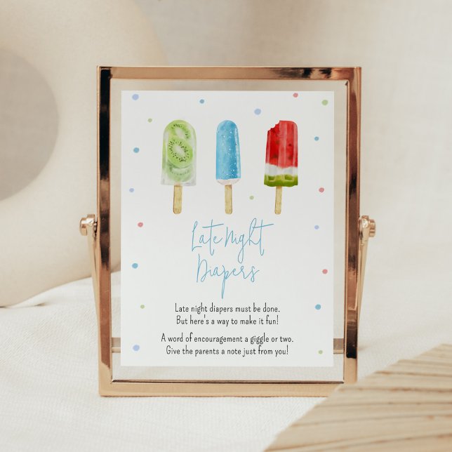 Poster Baby shower Blue Popsicle Late Night Diapers (Ready to Pop Baby Shower Late Night Diapers Sign)
