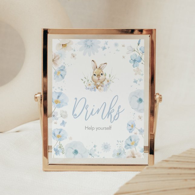 Poster Baby shower Blue Somebunny Rabbit Boissons (Blue Rabbit Somebunny Baby Shower Drinks Sign)