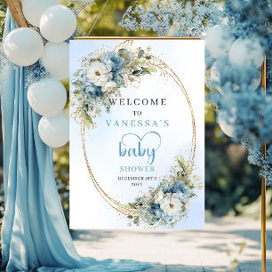 Poster Baby Shower Bohème Bleu Poussiéreux Floral Eucalyp
