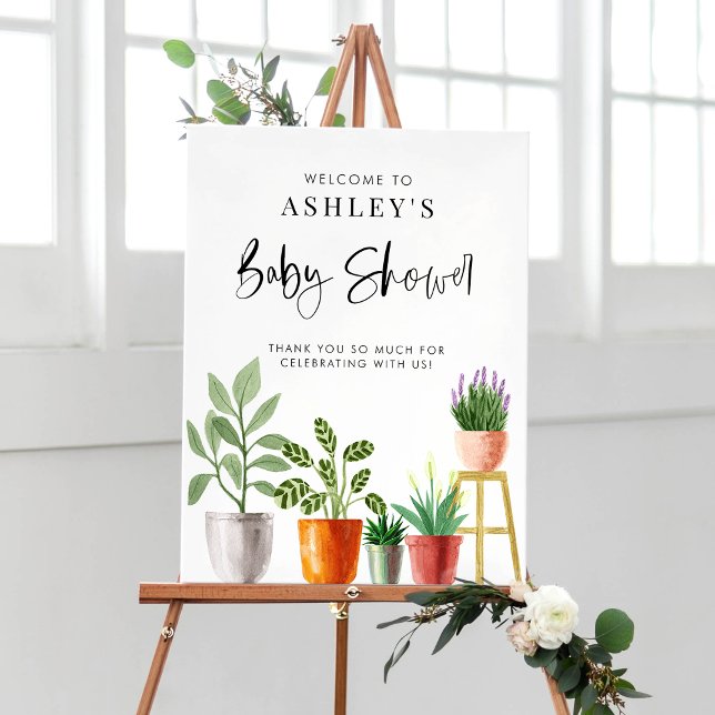 Poster Baby shower Boho Poted Houplants Accueil (Customizable boho baby shower welcome sign featuring watercolor potted houseplants. )