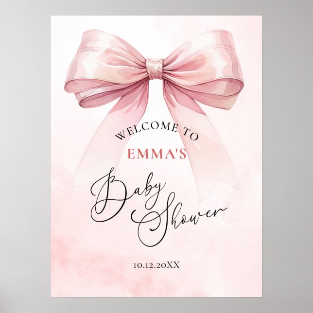 Poster Baby shower Bow Coquette Aquarelle Bienvenue (Devant)