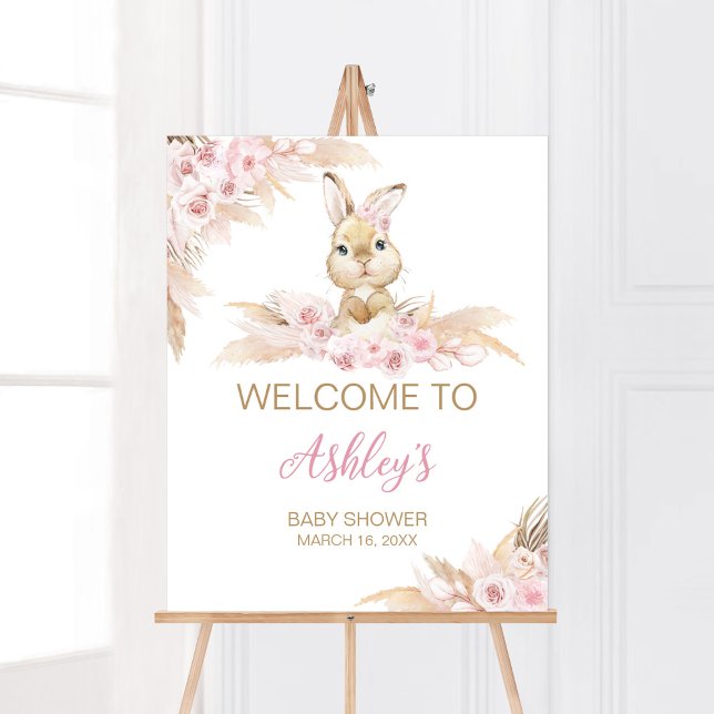 Poster Baby shower Bunny Boho Rose Bienvenue (Pampas Grass Girl Bunny Baby Shower Welcome Sign)