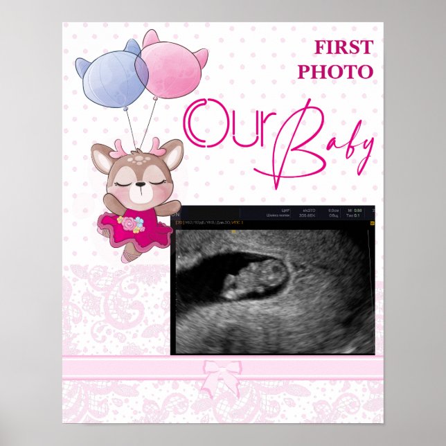 Poster Baby shower. Cerf de bébé rose (Devant)