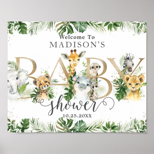 Poster Baby shower chic de verdure Jungle Animaux Bienven (Devant)
