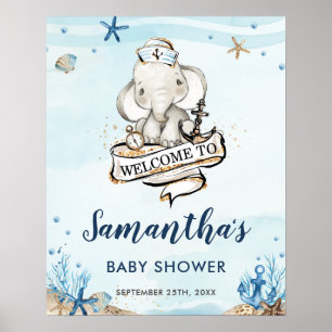 Poster Baby shower chic Nautique Elephant Boy Bienvenue