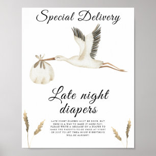 Poster Baby-shower cigogne - Jeu de couches de nuit