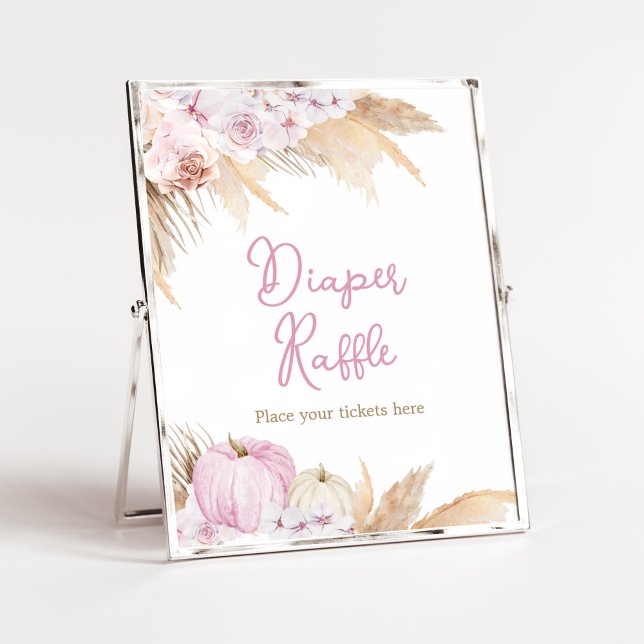 Poster Baby shower Citrouille Boho rose Déchets Raffle (Boho Pampas Grass Baby Shower Diaper Raffle Sign)