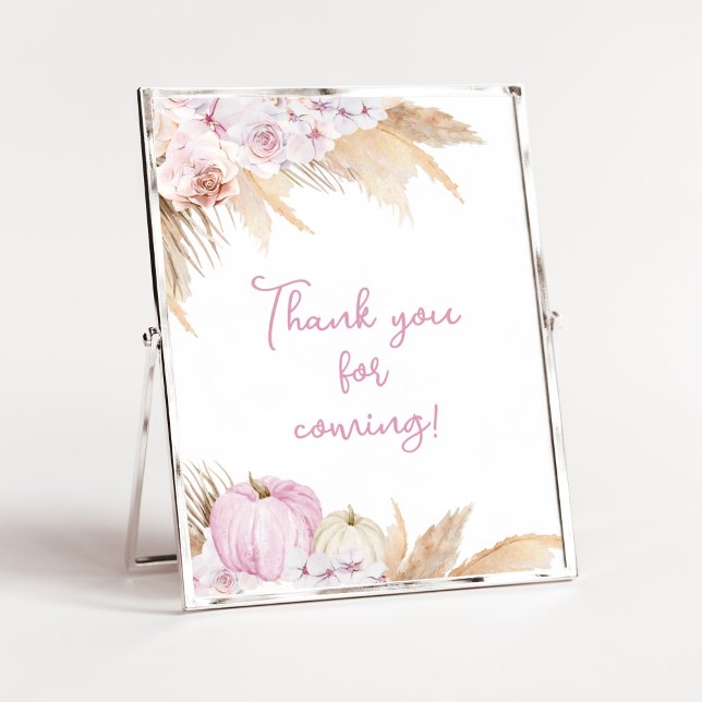Poster Baby shower Citrouille Boho rose Merci pour venir (Boho Pampas Grass Baby Shower Thank You for Coming Sign)