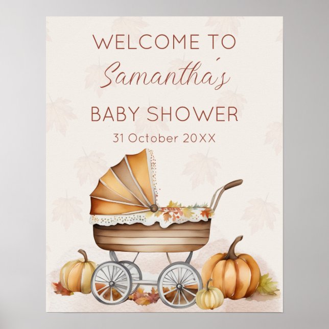 Poster Baby shower Citrouille d'automne aquarelle Bienven (Devant)