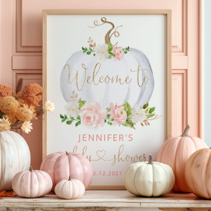 Poster Baby shower citrouille de chute d'or blanc bienven