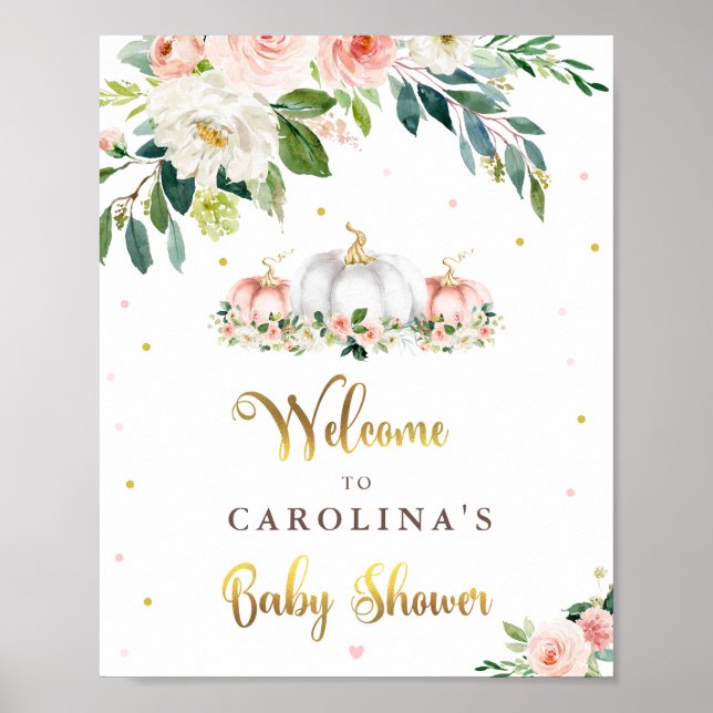 Poster Baby shower citrouille Rose Et Or Accueil (Devant)
