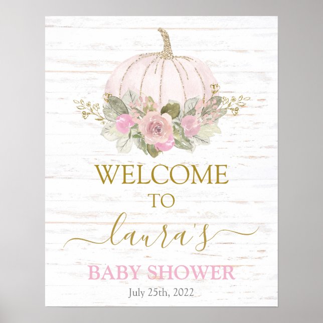 Poster Baby shower Citrouille rose rustique (Devant)