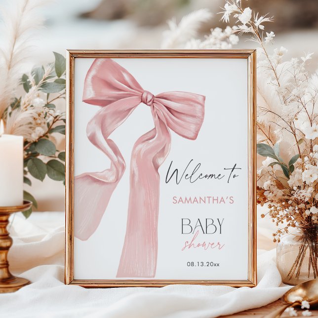Poster Baby shower Coquette élégant Bow rose Bienvenue (Créateur téléchargé)