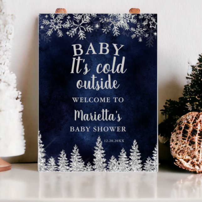 Poster Baby shower d'accueil de la marine de la pinède d' (Winter silver snow pine navy welcome baby shower poster)