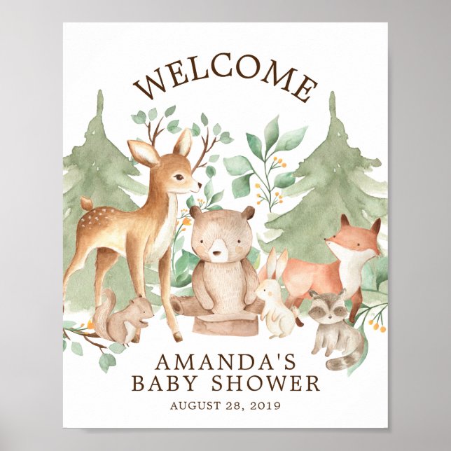 Poster Baby shower d'accueil des animaux forestiers (Devant)
