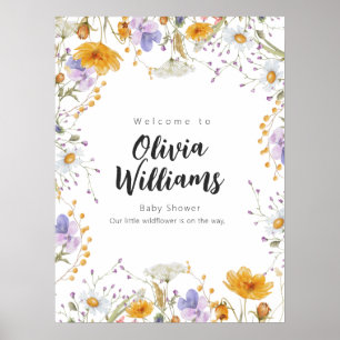 Poster Baby shower d'accueil fleuri fleur sauvage de prin