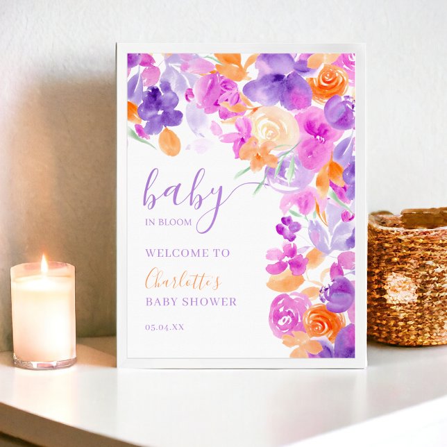 Poster Baby shower d'accueil fleuri violet pastel (Pastel purple orange floral welcome baby shower poster)