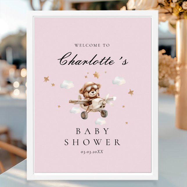Poster Baby shower d'accueil Teddy Bear & Airplane (Personalized Teddy Bear & Airplane Welcome Baby Shower Poster)