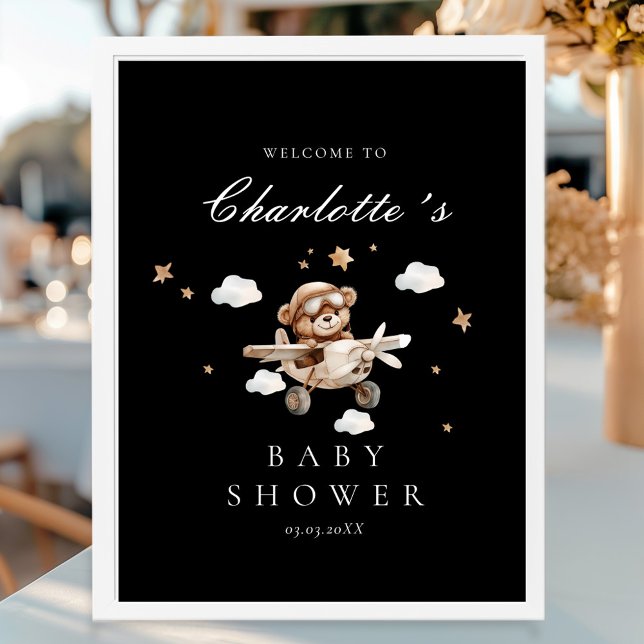 Poster Baby shower d'accueil Teddy Bear & Airplane (Teddy Bear & Airplane Welcome Baby Shower Poster)