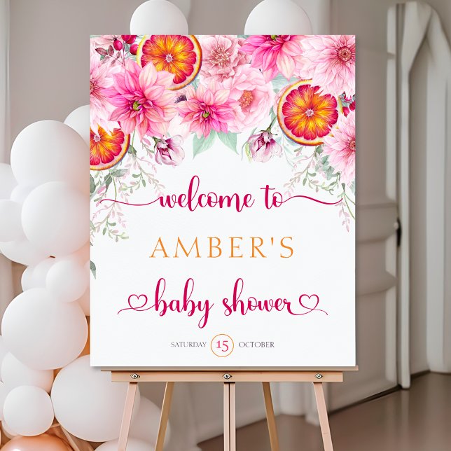 Poster Baby shower d'Affiche de bienvenue agrumes et fleu (Citrus and Pink Watercolor Flowers Baby Shower Welcome Sign)