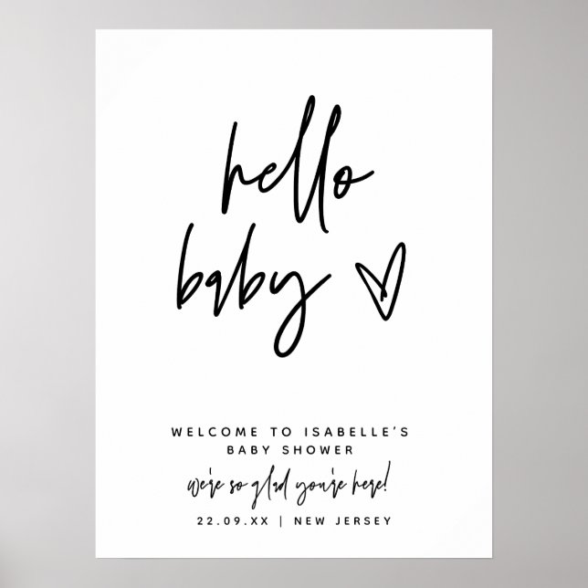 Poster Baby shower d'Affiche de bienvenue moderne Hello B (Devant)