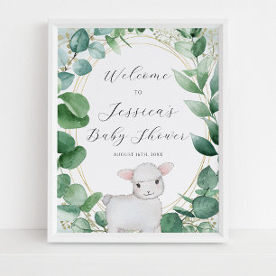 Poster Baby shower d'agneau vert Eucalyptus Bienvenue