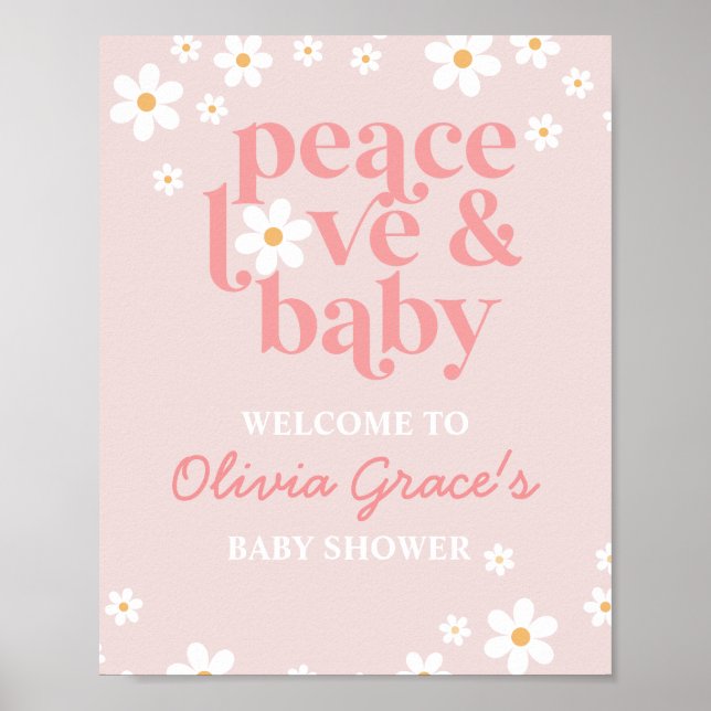 Poster Baby shower d'amour de paix Daisy Pink Retro (Devant)