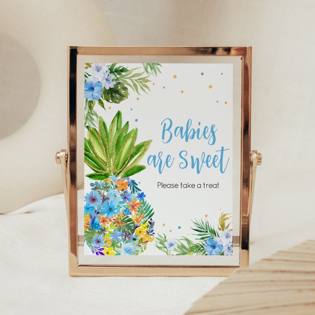 Poster Baby shower d'ananas bleu floral Les bébés sont do (Blue Gold Pineapple Baby Shower Babies are Sweet Sign)