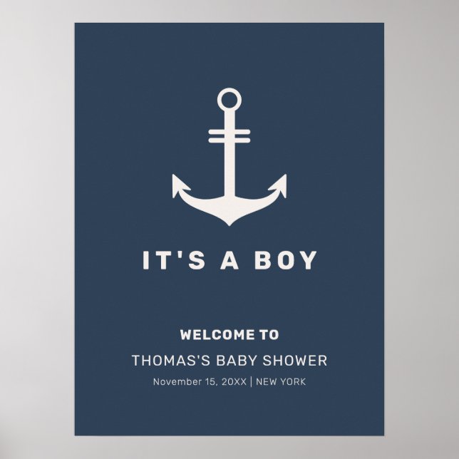 Poster Baby shower d'Ancres bleu Beige Nautique Accueil (Devant)