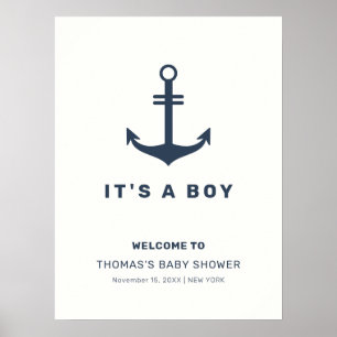 Poster Baby shower d'Ancres nautiques bleu marine Bienven
