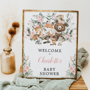 Poster Baby shower d'animaux de bois Rose roux Bienvenue