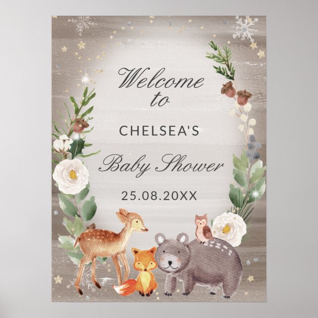 Poster Baby shower d'animaux en bois mignon Bienvenue (Devant)