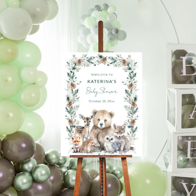 Poster Baby shower d'animaux rustiques en bois (Glue this 11x14 inch baby shower welcome sign to foam board for a rustic, woodland animal party.)