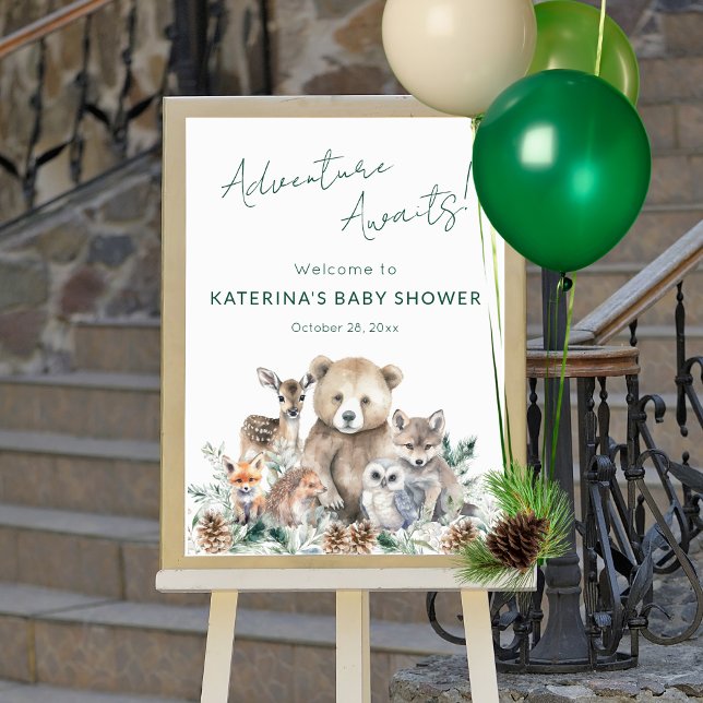 Poster Baby shower d'animaux rustiques en bois (This woodland animal baby shower welcome sign features  winter greenery and a modern script.)