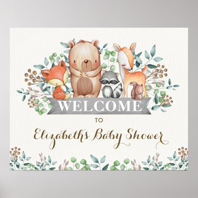 Poster Baby shower d'anniversaire de la Forêt des Bois (Devant)