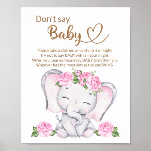 Poster Baby shower d'aquarelle à l'éléphant et aux fleurs