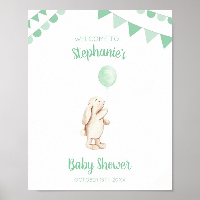 Poster Baby shower d'aquarelle de lapin mignon et de ball (Devant)